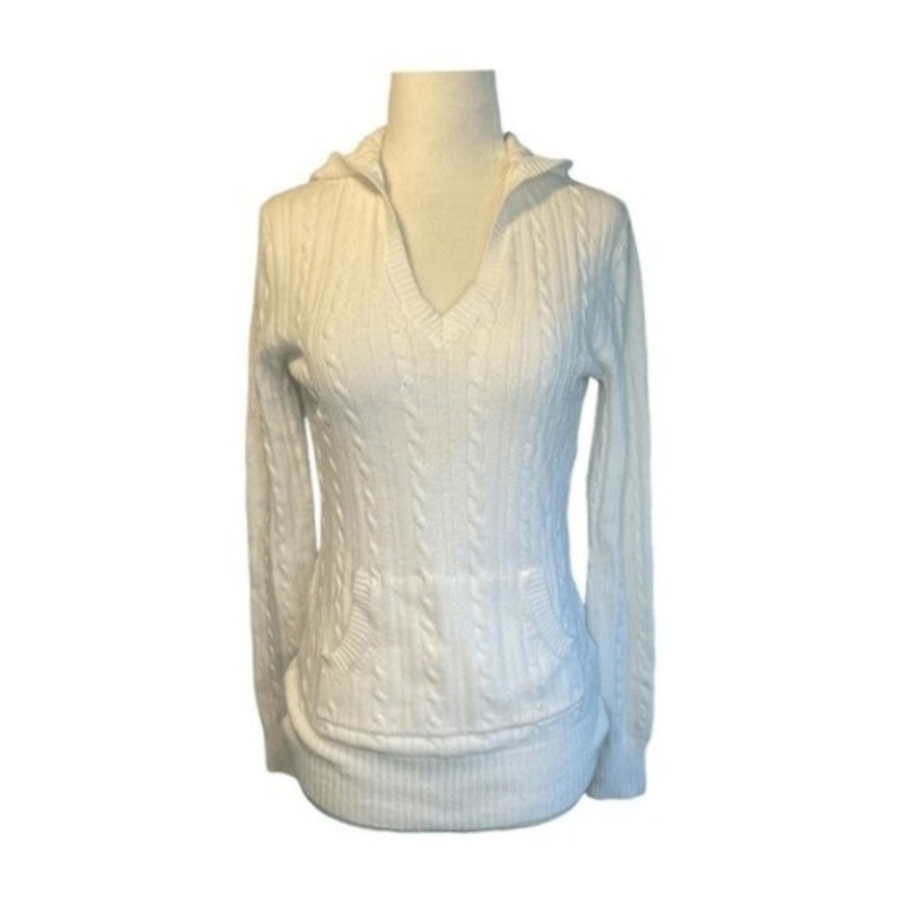 Vintage Merona Hooded Cable Knit Sweater White Cotton Long Sleeve Kanga Pocket X
